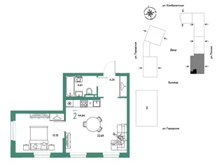 Планировка 2-комн. квартира, 44.64 м² ЖК «Уральский сад»