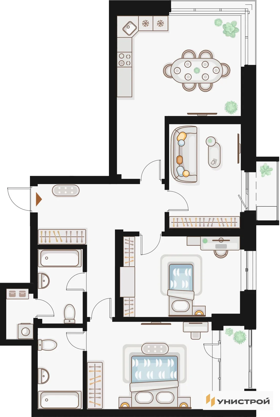 Планировка 3-комн. квартира, 99.83 м² ЖК «Жилой кластер Q на Кулагина»