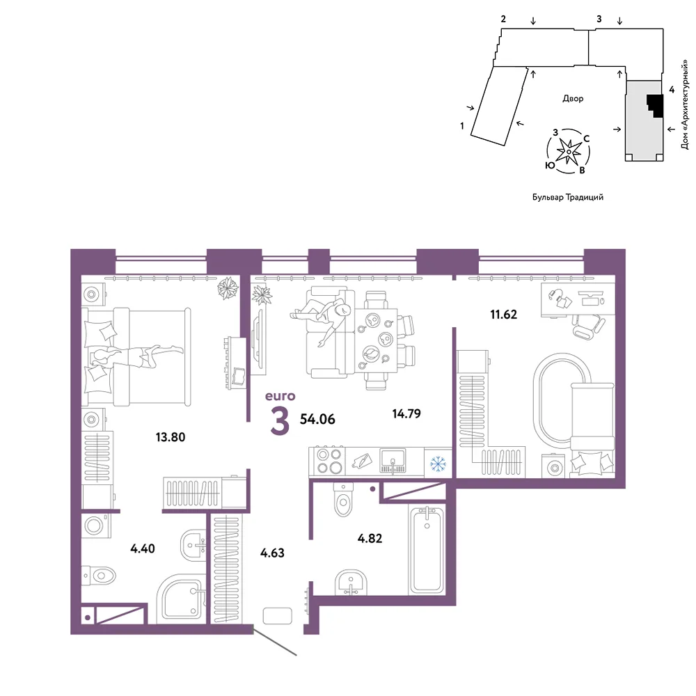 Планировка 3-комн. квартира, 54.06 м² ЖК «Микрорайон Домашний»