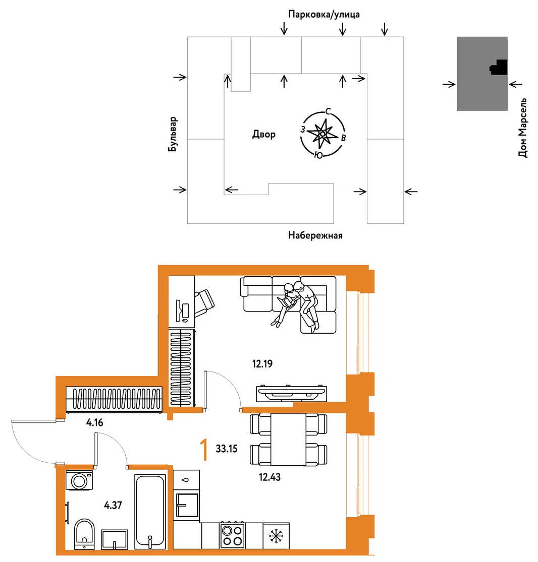 Планировка 1-комн. квартира, 33.15 м² ЖК «Европейский берег 2.0»