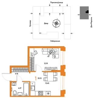 Планировка 1-комн. квартира, 33.15 м² ЖК «Европейский берег 2.0»