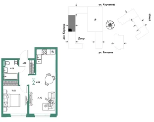 Планировка 2-комн. квартира, 41.59 м² ЖК «Остров-сад»