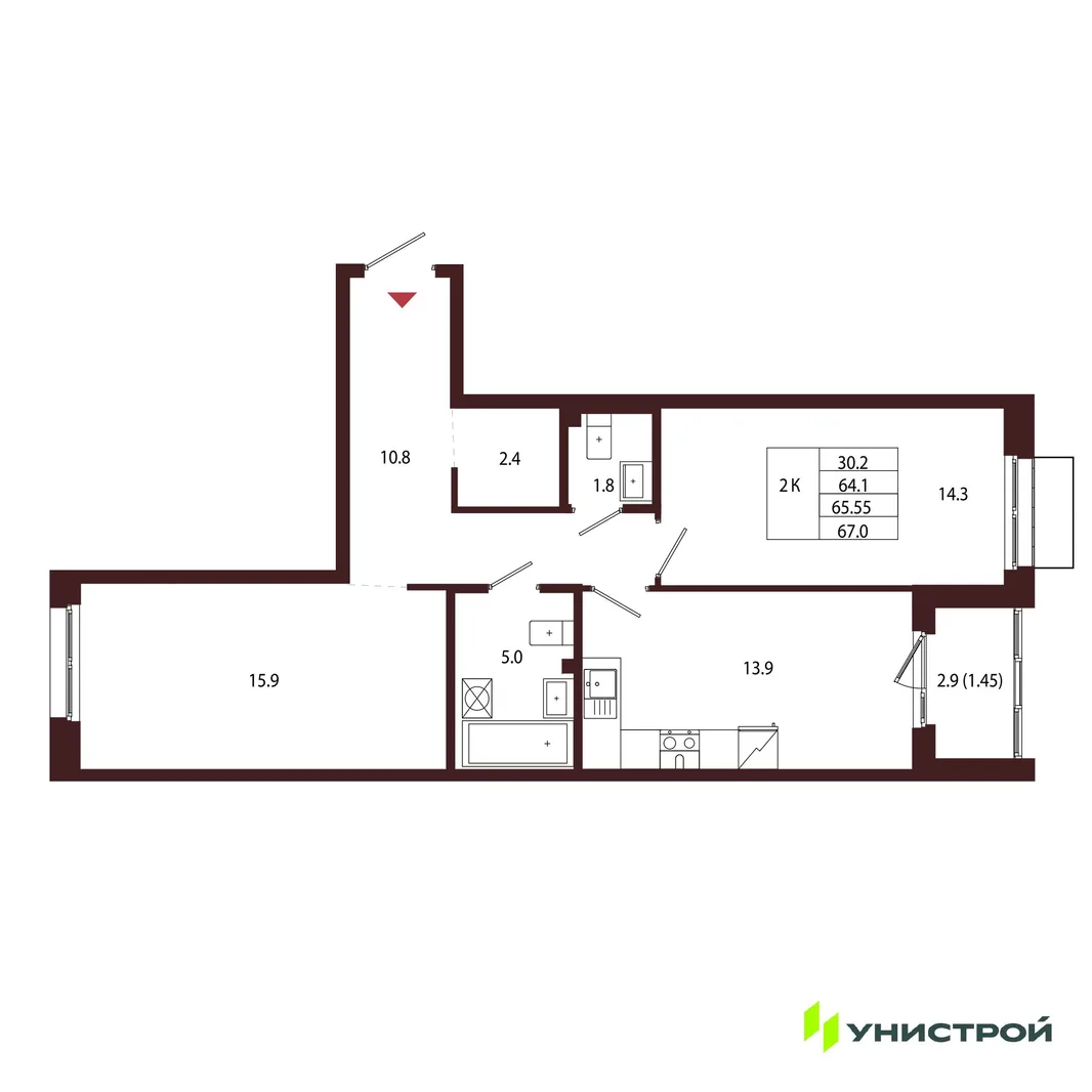 Планировка 2-комн. квартира, 65.55 м² ЖК «Лисино»