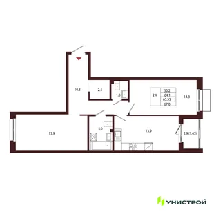 Планировка 2-комн. квартира, 65.55 м² ЖК «Лисино»
