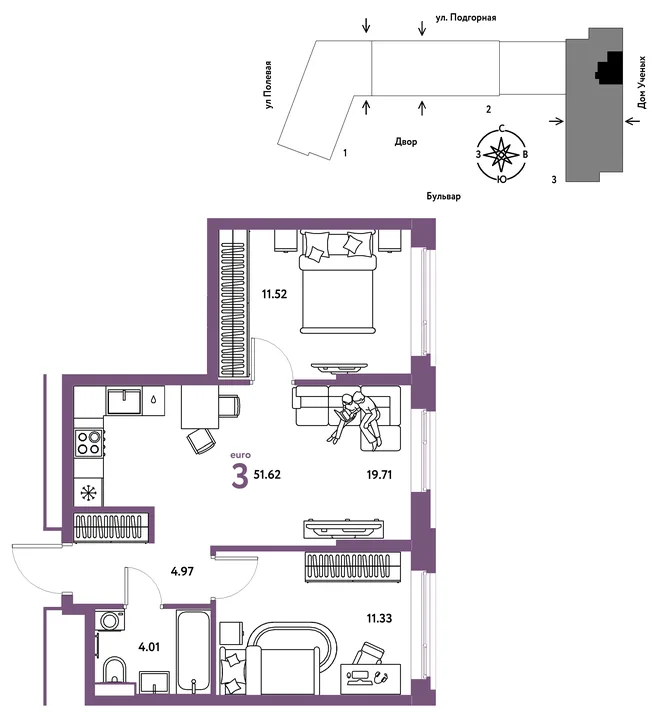 Планировка 3-комн. квартира, 51.7 м² ЖК «Авторский» Планировка 3-комн. квартира, 51.7 м² ЖК «Авторский»