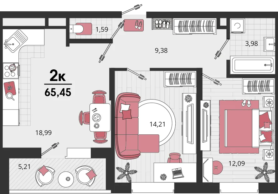 Планировка 2-комн. квартира, 65.45 м² ЖК «Родные просторы»