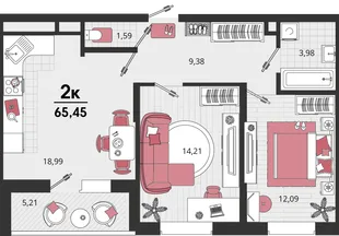 Планировка 2-комн. квартира, 65.45 м² ЖК «Родные просторы»