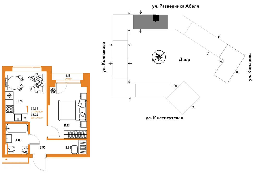 Планировка 1-комн. квартира, 34.38 м² ЖК «Страна.Парковая»