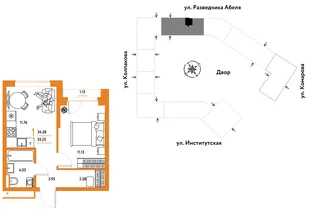 Планировка 1-комн. квартира, 34.38 м² ЖК «Страна.Парковая»