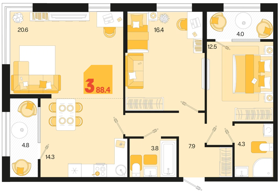 Планировка 3-комн. квартира, 88.6 м² ЖК «Первое место»