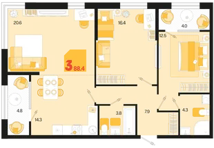 Планировка 3-комн. квартира, 88.6 м² ЖК «Первое место»