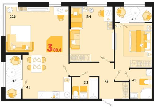 Планировка 3-комн. квартира, 88.6 м² ЖК «Первое место» Планировка 3-комн. квартира, 88.6 м² ЖК «Первое место»