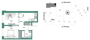Планировка 2-комн. квартира, 39.4 м² ЖК «Остров-сад»