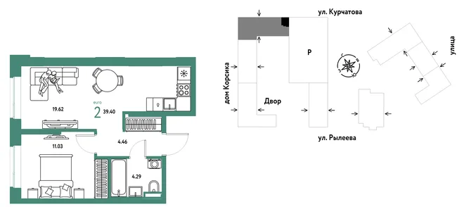 Планировка 2-комн. квартира, 39.4 м² ЖК «Остров-сад» Планировка 2-комн. квартира, 39.4 м² ЖК «Остров-сад»