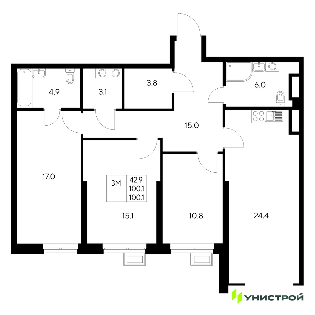 Планировка 3-комн. квартира, 100.1 м² ЖК «Стадиум»