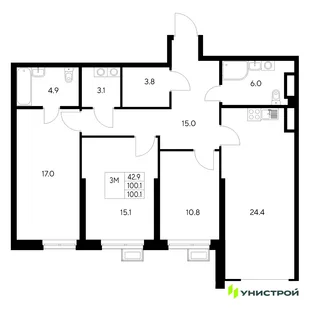 Планировка 3-комн. квартира, 100.1 м² ЖК «Стадиум»