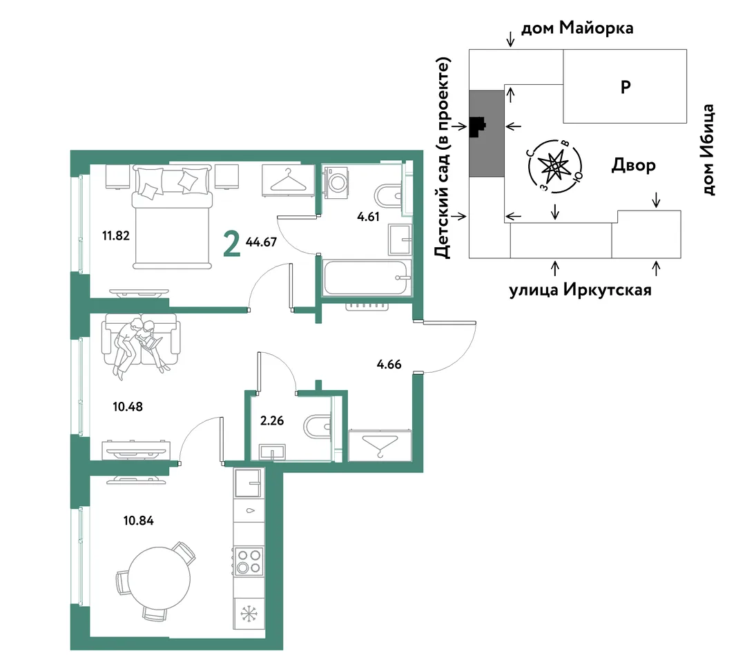 Планировка 2-комн. квартира, 44.67 м² ЖК «Остров-сад»