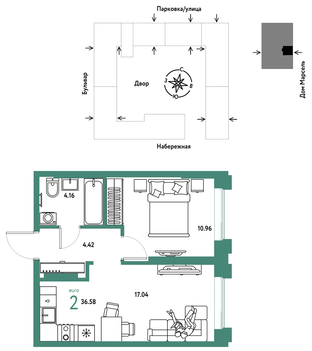 Планировка 2-комн. квартира, 36.58 м² ЖК «Европейский берег 2.0»