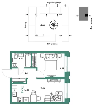 Планировка 2-комн. квартира, 36.58 м² ЖК «Европейский берег 2.0»