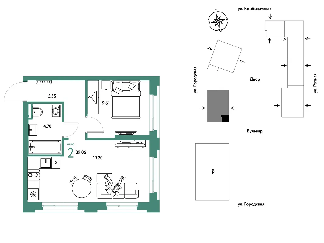 Планировка 2-комн. квартира, 39.06 м² ЖК «Уральский сад»