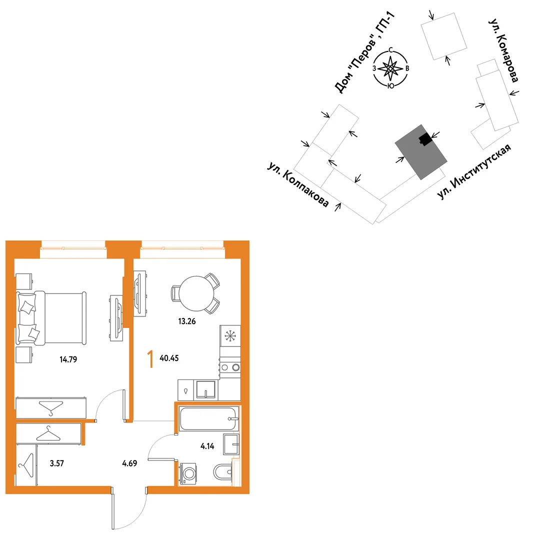 Планировка 1-комн. квартира, 40.45 м² ЖК «Страна.Парковая»