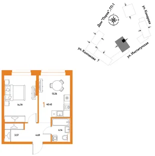 Планировка 1-комн. квартира, 40.45 м² ЖК «Страна.Парковая»