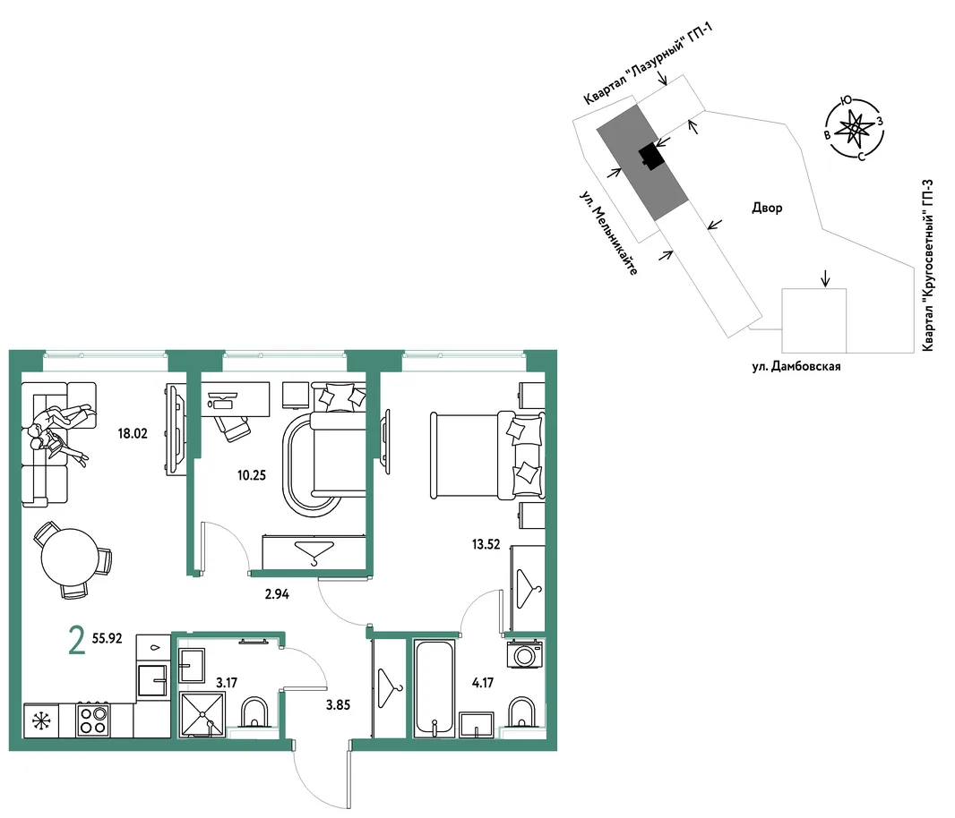 Планировка 2-комн. квартира, 55.92 м² ЖК «Страна Прибрежная»