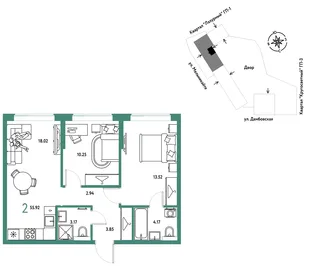 Планировка 2-комн. квартира, 55.92 м² ЖК «Страна Прибрежная»