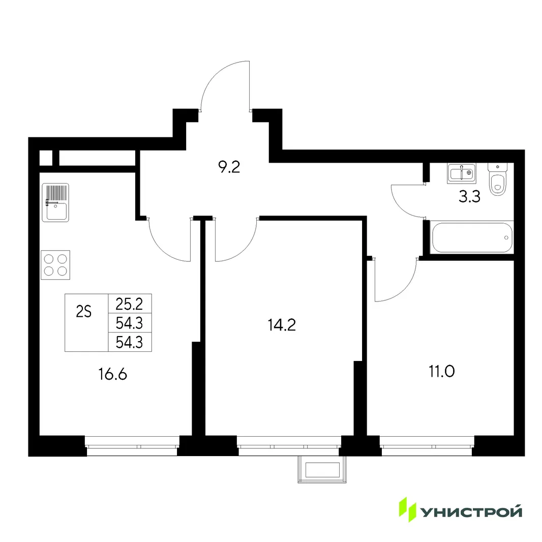 Планировка 2-комн. квартира, 54.3 м² ЖК «Стадиум»