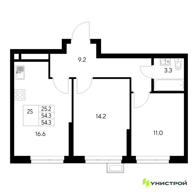 Планировка 2-комн. квартира, 54.3 м² ЖК «Стадиум» Планировка 2-комн. квартира, 54.3 м² ЖК «Стадиум»