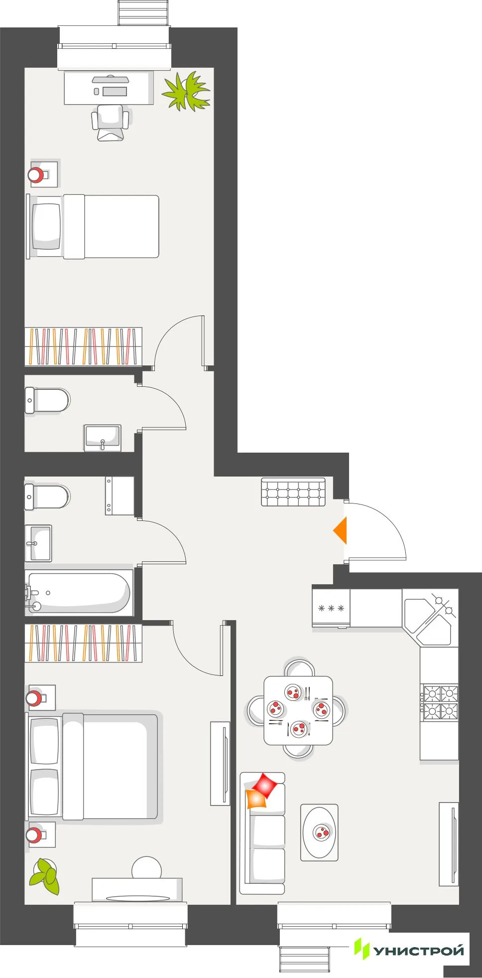 Планировка 2-комн. квартира, 60.28 м² ЖК «Атмосфера»