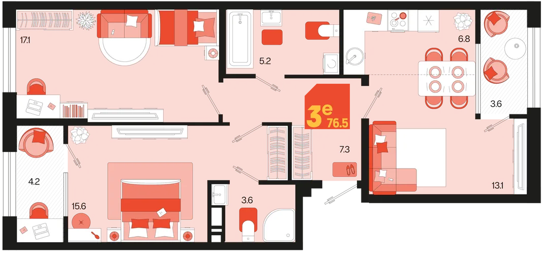 Планировка 3-комн. квартира, 76.5 м² ЖК «Первое место»