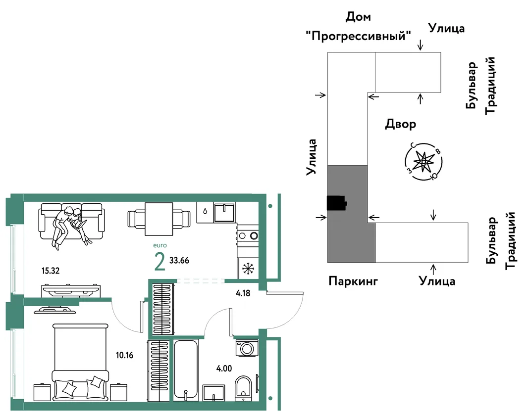 Планировка 2-комн. квартира, 33.66 м² ЖК «Микрорайон Домашний»
