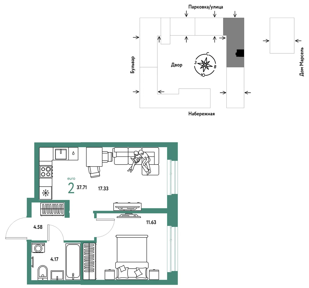 Планировка 2-комн. квартира, 37.71 м² ЖК «Европейский берег 2.0»