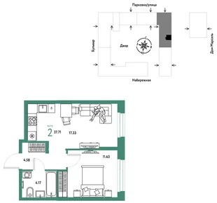 Планировка 2-комн. квартира, 37.71 м² ЖК «Европейский берег 2.0»