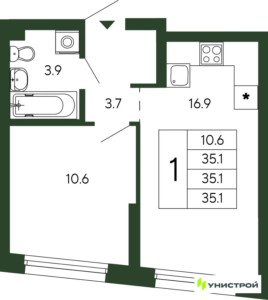 Планировка 1-комн. квартира, 35.1 м² ЖК «Парковый квартал 2.0»