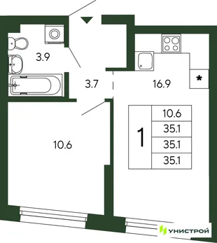Планировка 1-комн. квартира, 35.1 м² ЖК «Парковый квартал 2.0»