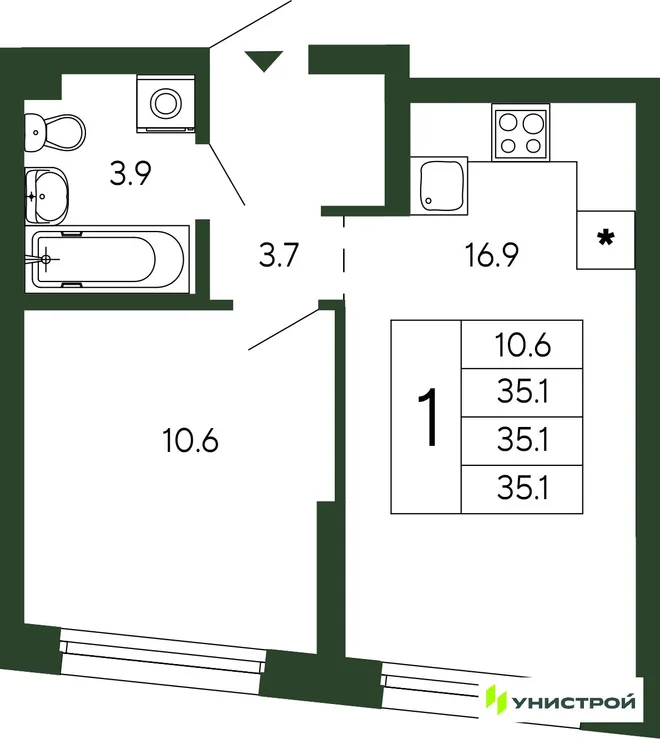 Планировка 1-комн. квартира, 35.1 м² ЖК «Парковый квартал 2.0» Планировка 1-комн. квартира, 35.1 м² ЖК «Парковый квартал 2.0»