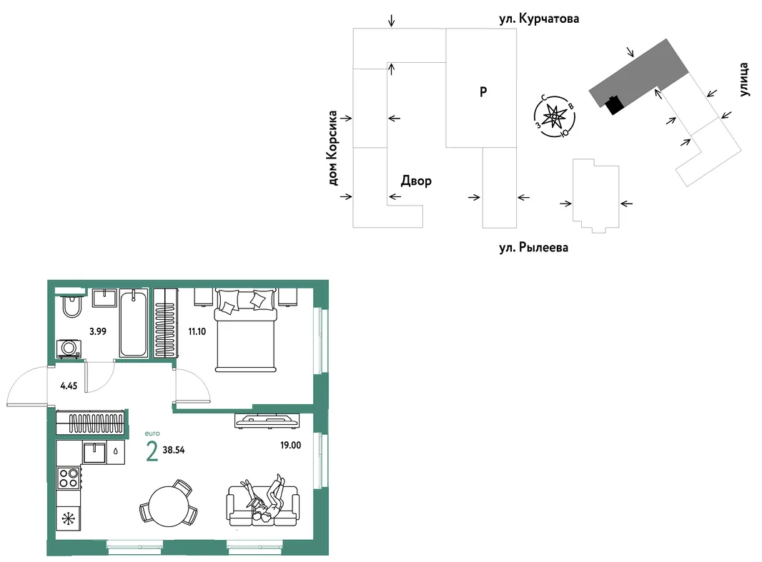 Планировка 2-комн. квартира, 38.72 м² ЖК «Остров-сад»