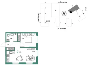 Планировка 2-комн. квартира, 38.72 м² ЖК «Остров-сад»