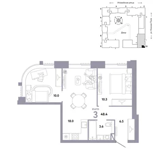 Планировка 3-комн. квартира, 48.4 м² ЖК «Страна.Заречная»