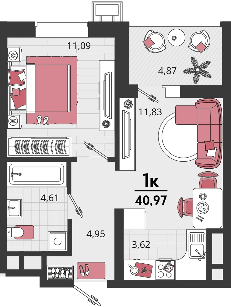 Планировка 2-комн. квартира, 40.97 м² ЖК «Родные просторы»