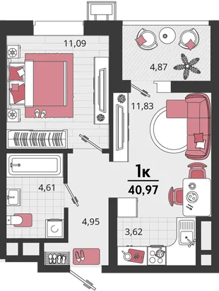 Планировка 2-комн. квартира, 40.97 м² ЖК «Родные просторы»