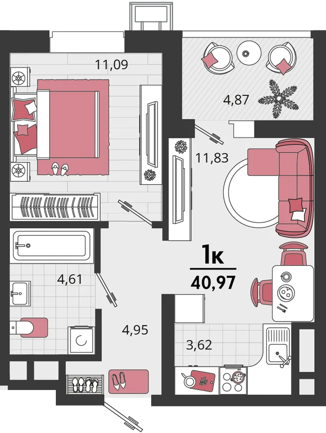 Планировка 2-комн. квартира, 40.97 м² ЖК «Родные просторы» Планировка 2-комн. квартира, 40.97 м² ЖК «Родные просторы»