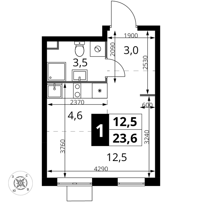 Планировка Студия, 23.6 м² ЖК «1-й Шереметьевский» Планировка Студия, 23.6 м² ЖК «1-й Шереметьевский»