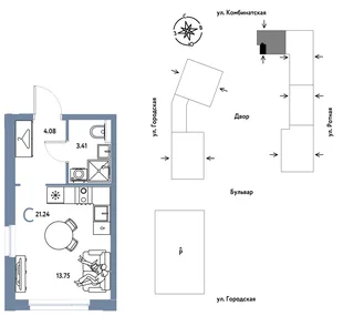 Планировка Студия, 21.24 м² ЖК «Уральский сад»