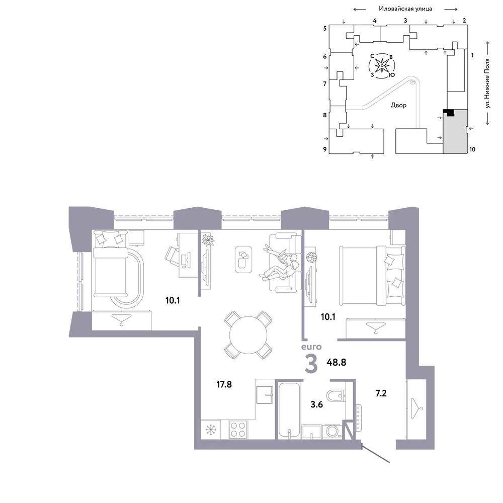 Планировка 3-комн. квартира, 48.8 м² ЖК «Страна.Заречная»