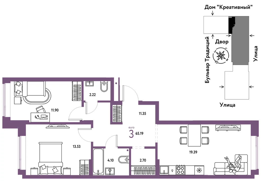 Планировка 3-комн. квартира, 65.19 м² ЖК «Микрорайон Домашний»