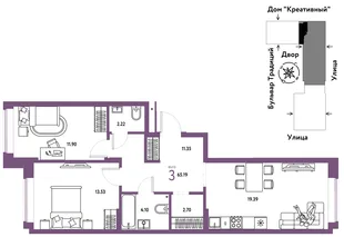 Планировка 3-комн. квартира, 65.19 м² ЖК «Микрорайон Домашний»