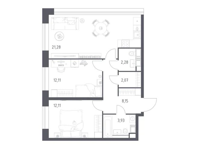 Планировка 2-комн. квартира, 60.9 м² ЖК «Октябрьская 98» Планировка 2-комн. квартира, 60.9 м² ЖК «Октябрьская 98»
